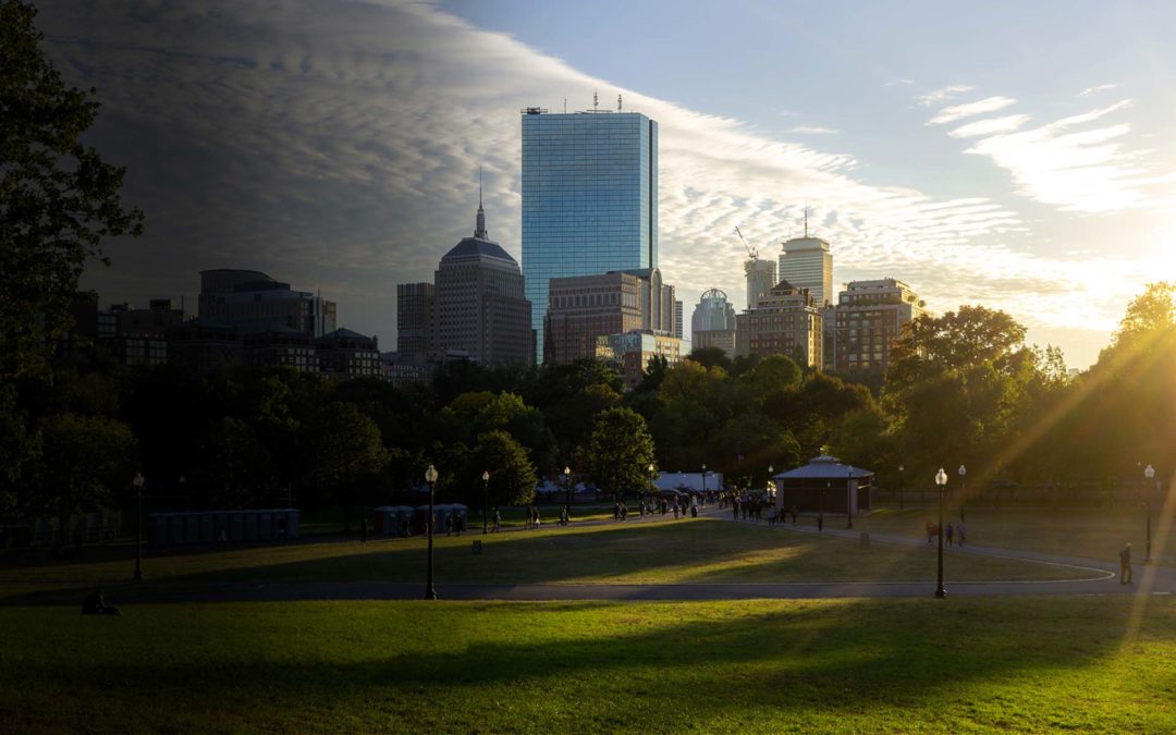A view of Boston Common, a central public park in downtown Boston, Massachusetts.